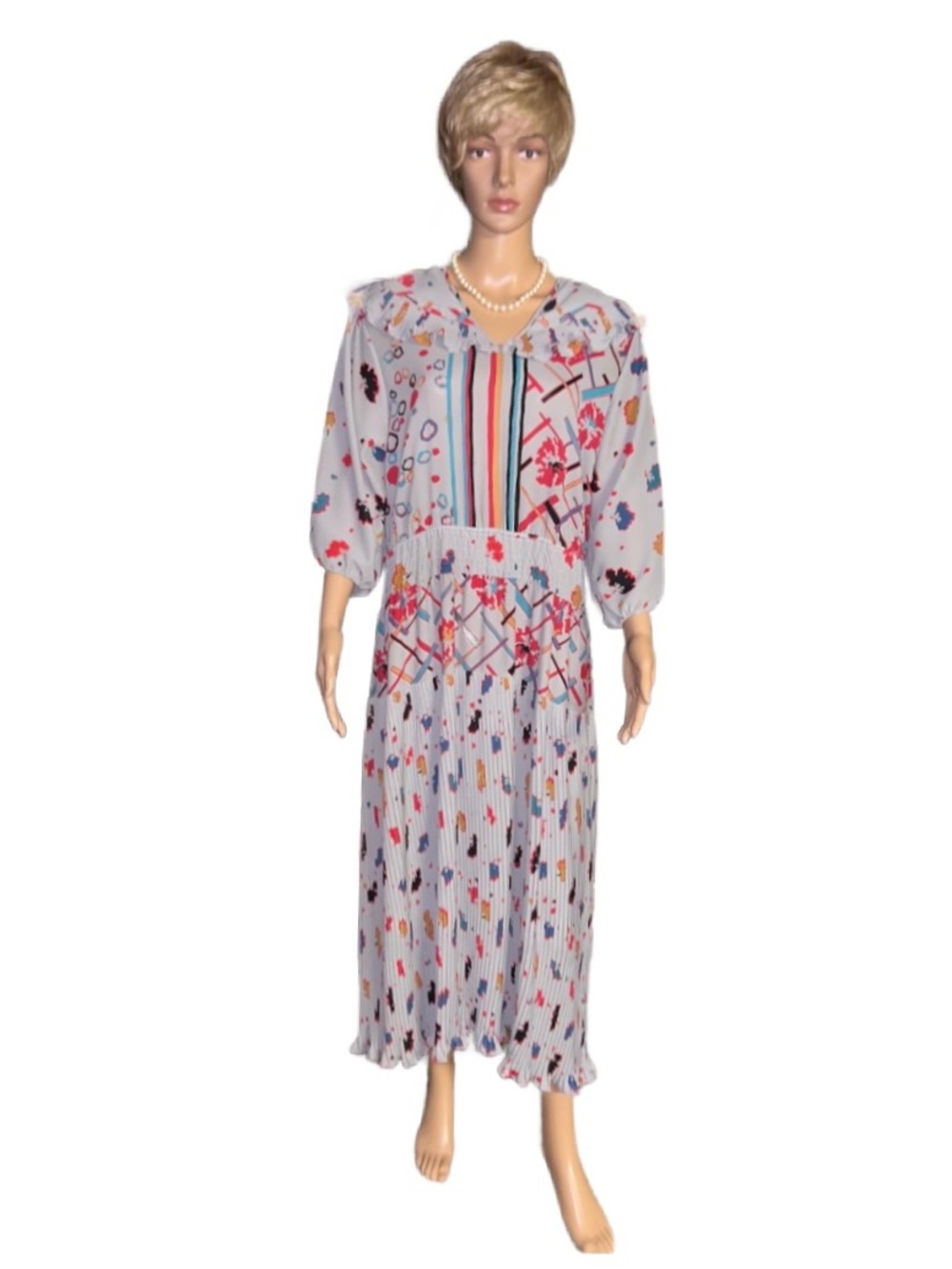 Diane Freis ~ 1X-Large ~ Vintage ~ Blue W/ Multi-Colors Geometric ~ Boho Dress